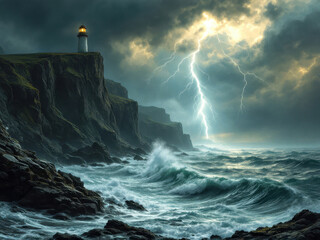 Dramatic lighthouse scene with stormy seas and striking lightning