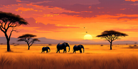 Fototapeta premium Elephants in serengeti at sunset: nature inspiration and tranquility