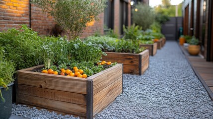 Obraz premium Vibrant Urban Garden with Raised Wooden Beds Filled with Fresh Vegetables and Herbs, Surrounded by Gravel Pathways and Natural Light