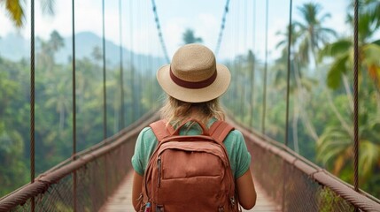 Adventurous traveler crossing a suspension bridge in tropical landscape surrounded by lush greenery and distant mountains under a bright blue sky
