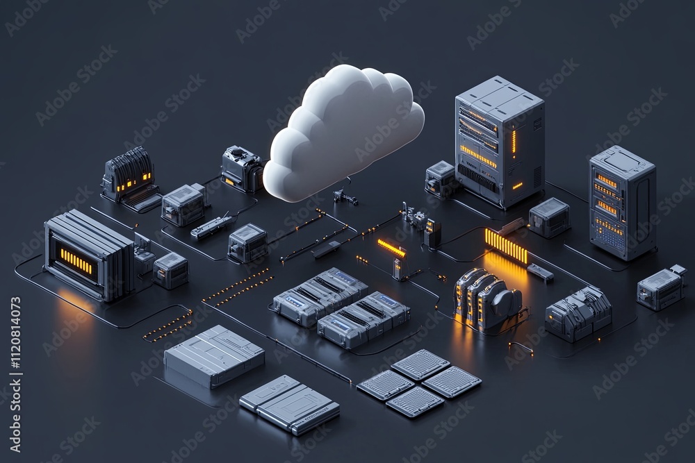 Poster modern city infrastructure featuring a cloud system and connected buildings at twilight. generative 