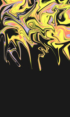 Abstract background with vibrant yellow, pink, and black swirls on a dark background.