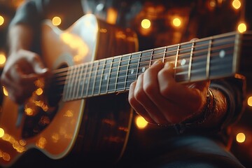 Fototapeta premium Acoustic Guitar Close-Up in Warm Lighting with Hand and Microphone