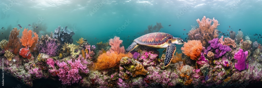 Poster underwater scene with a turtle and vibrant corals.