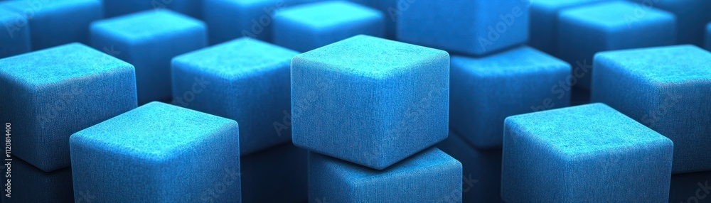 Poster vibrant blue soft-finish cubes piled together on dark surface, creating a unique abstract background