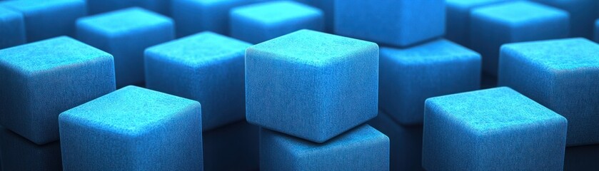 Vibrant Blue Soft-Finish Cubes Piled Together on Dark Surface, Creating a Unique Abstract Background for Innovative Designs or Creative Projects