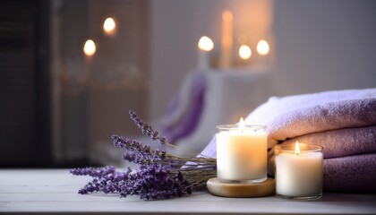 Relaxing spa setting with candles, towels, and lavender flowers.