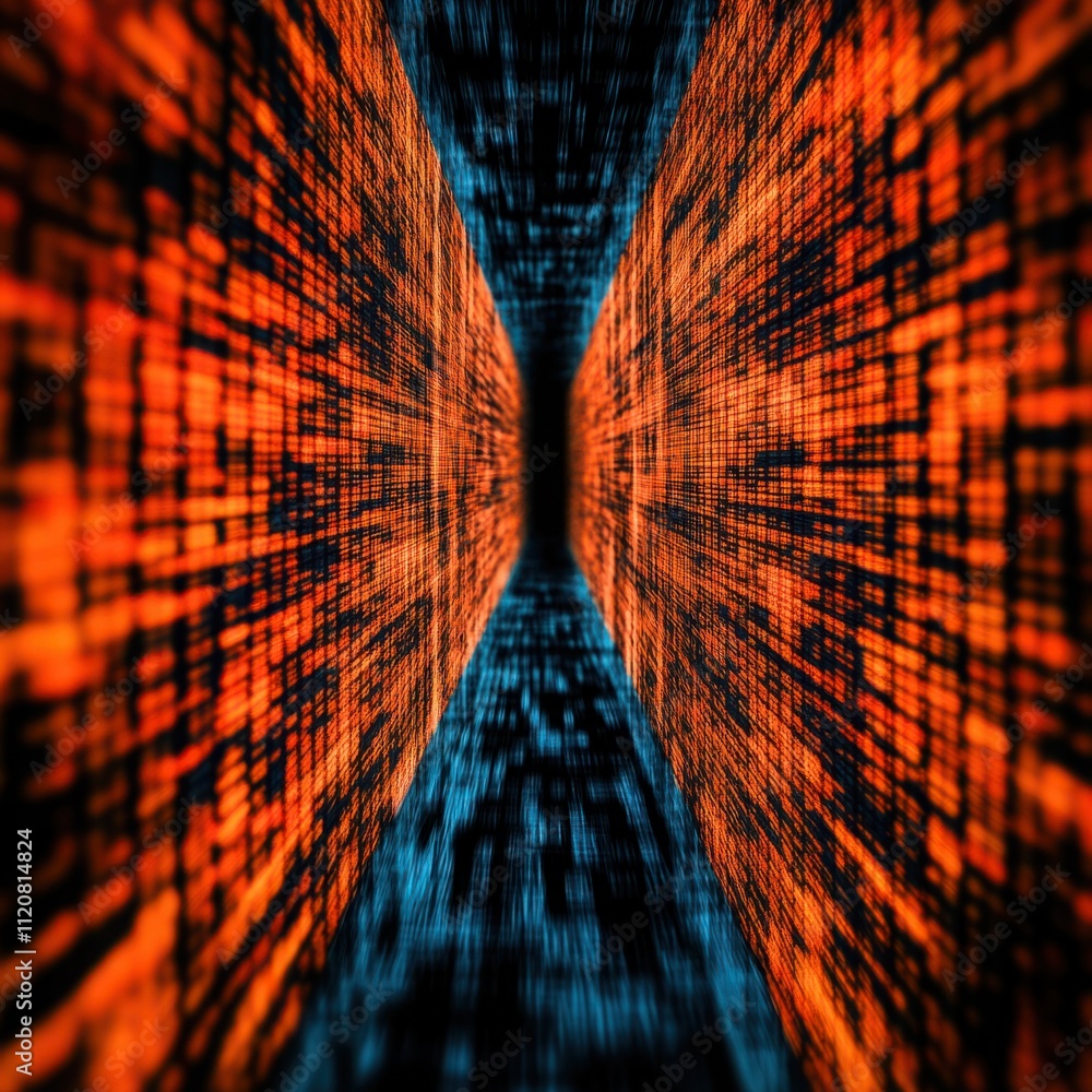 Aufkleber abstract digital tunnel with striking orange and blue colors representing data flow and connectivity