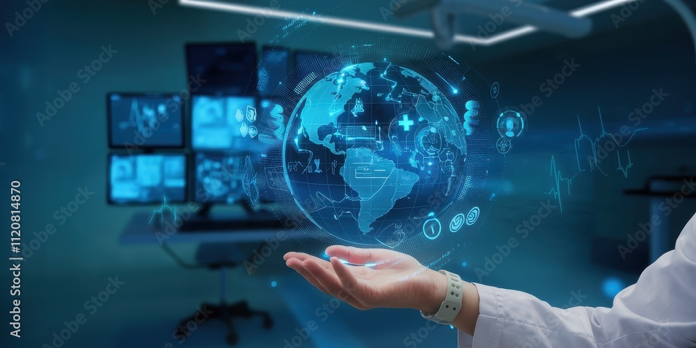 Poster futuristic global technology and data visualization in modern office