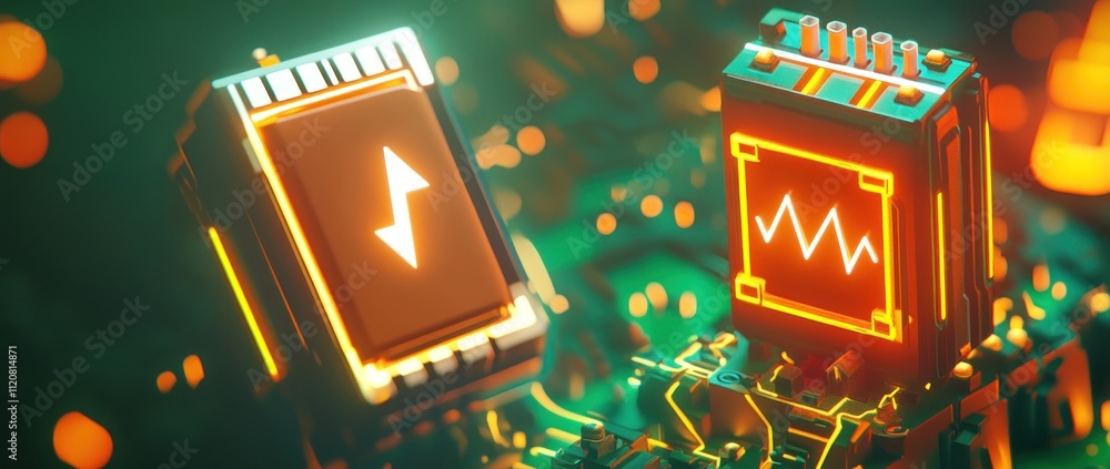 Poster circuit components with glowing symbols for voltage and resistance.
