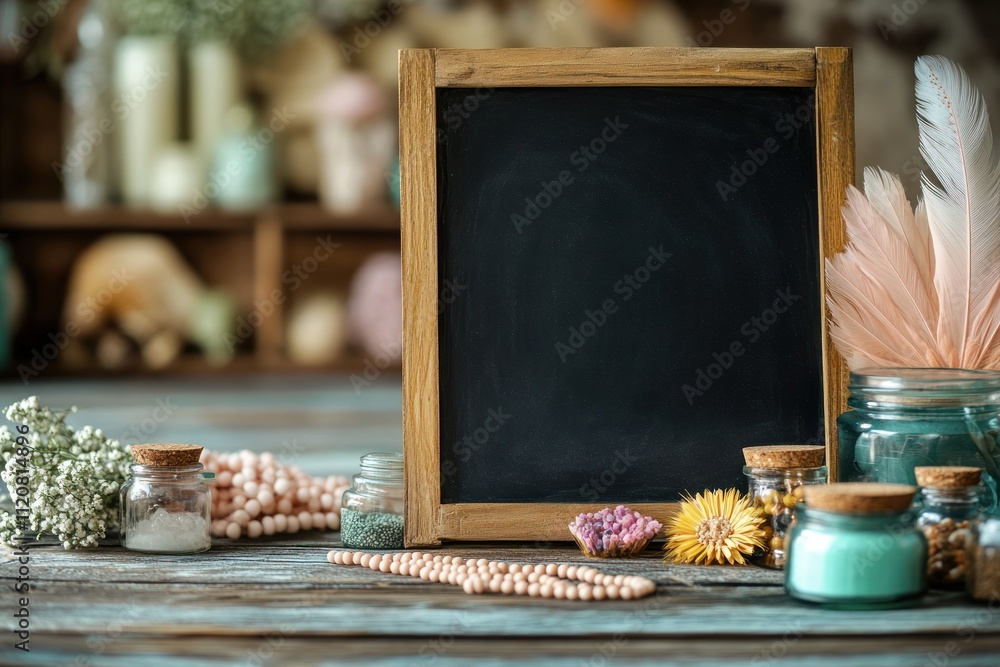 Poster rustic display with chalkboard and decorative items.