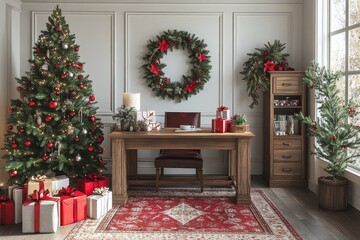 3D-rendered white wall with wooden table, Christmas tree decorated with red and green, wreath above desk, gifts under tree, photorealistic holiday scene.