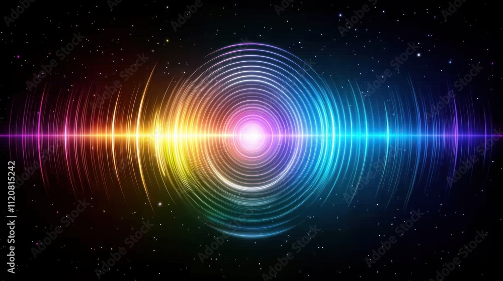 Poster vibrant sound waves with colorful light elements in a cosmic background representing music, harmony,