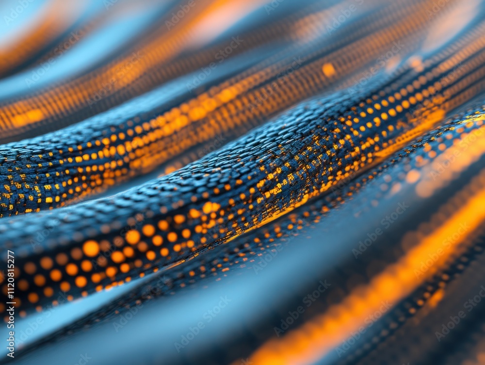 Poster abstract close-up of a textured surface with glowing orange dots and blue strands, highlighting the 