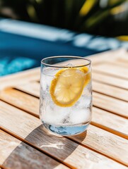 Glass of refreshing ice water with a lemon slice on a sunny patio table near a pool