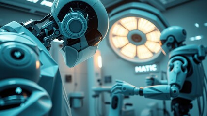The Future of Medicine: Two advanced robotic surgeons collaborate in a sterile operating room, showcasing the cutting-edge technology revolutionizing healthcare.