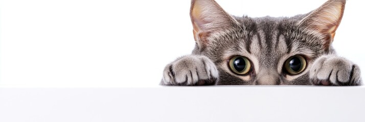 A curious cat peeking over a surface.
