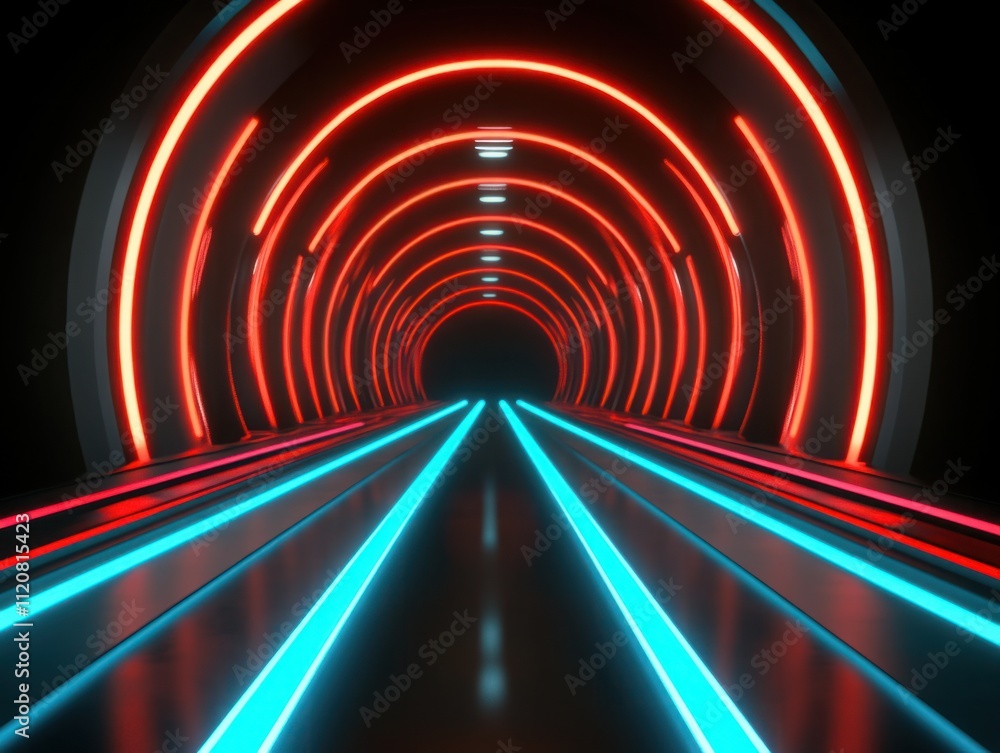 Poster futuristic neon tunnel with vibrant blue and red lights creating a dynamic pathway for abstract digi