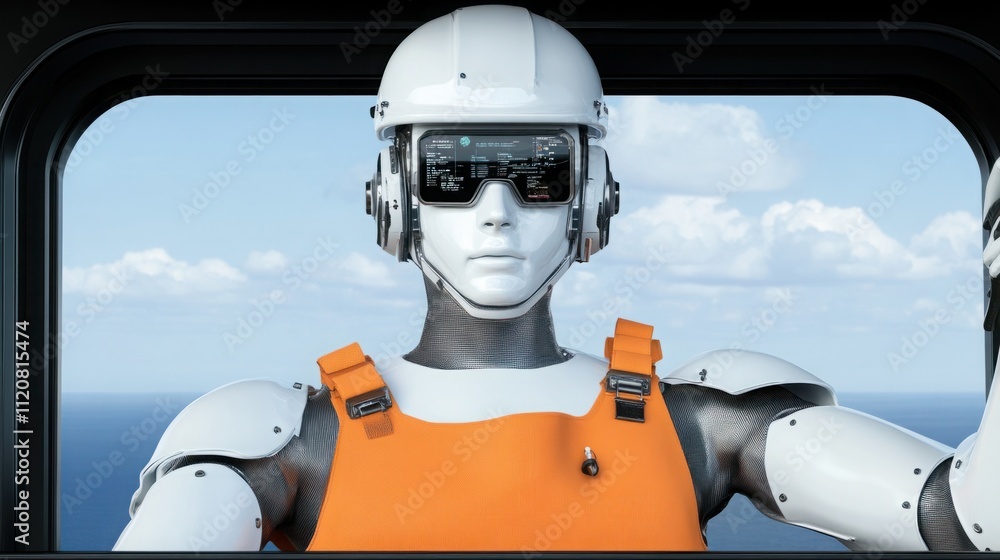 Aufkleber futuristic robot worker operating machinery with advanced technology and scenic background featuring