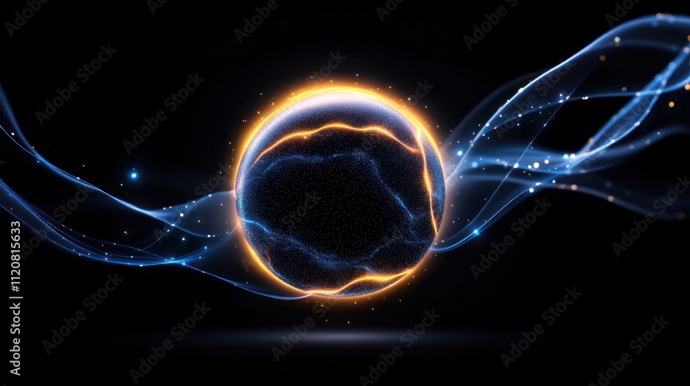 Poster abstract representation of energy with glowing waves and particles.