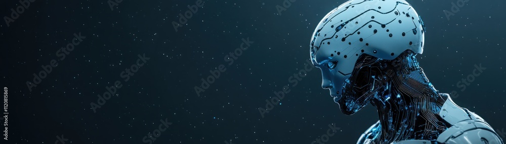 Aufkleber futuristic humanoid robot with intricate circuitry and glowing blue lines, set against a dark, starr