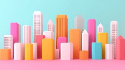 Colorful Animated Cityscape with Stylized Buildings and Bright Architectural Designs Against a Soft Pastel Background Ideal for Creative Projects