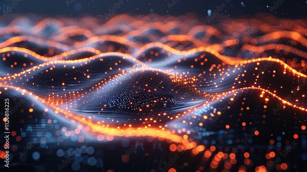 Poster abstract digital wave with glowing particles - generative ai.
