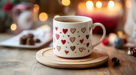 Obraz premium A cozy mug decorated with hearts sits on a wooden coaster, surrounded by warm candlelight and treats, creating a romantic and inviting atmosphere.