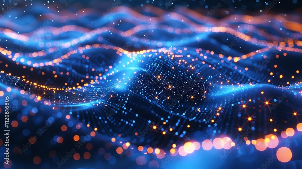 Poster abstract digital wave with glowing particles - generative ai.