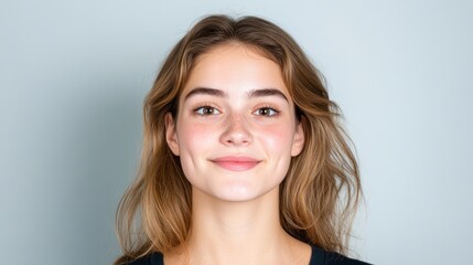 Naklejka premium A smiling young woman with wavy hair against a light background.