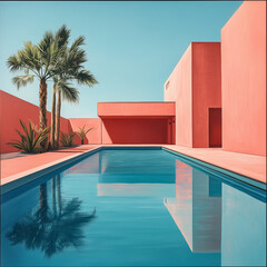 Luxury swimming pool by colorful house under clear blue sky modern design