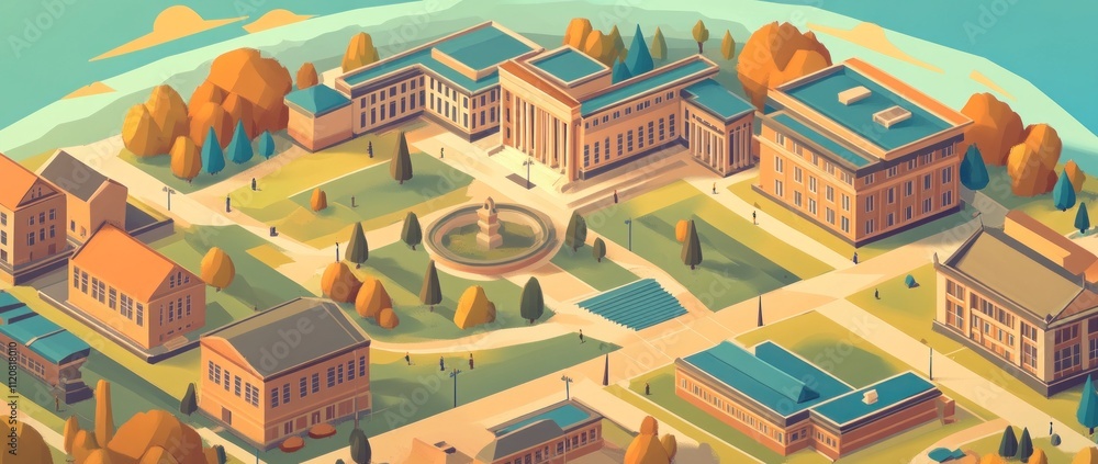 Poster aerial view of a university campus with buildings.