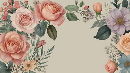 Fototapeta premium Elegant Pastel Roses and Flowers Floral Border Design