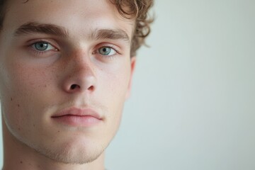 Fototapeta premium Close-Up Portrait of a Young Man with Curly Hair and Striking Blue Eyes
