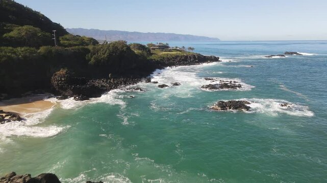 Scenic drone B-roll aerial overview of Sharks Cove  Pupukea Laniakea Beach North Shore Oahu Hawaii