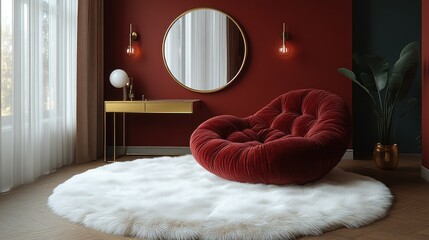 Luxurious red velvet armchair on a fluffy rug in a modern room with a gold vanity and round mirror.