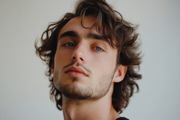 Obraz premium Portrait of a Young Man with Wavy Hair and Intense Gaze Against a Neutral Background