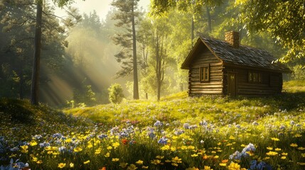 Enchanted Log Cabin in a Sun-Drenched Meadow