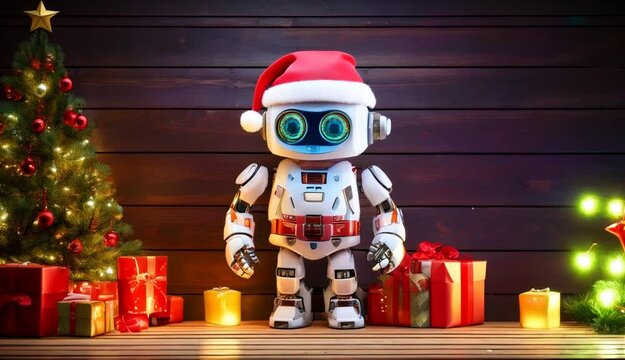 A Festive Robot Celebrates Christmas with Gifts and a Decorated Tree