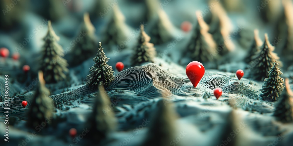 Poster red location markers on a stylized green forest landscape with mountains and trees, representing nav
