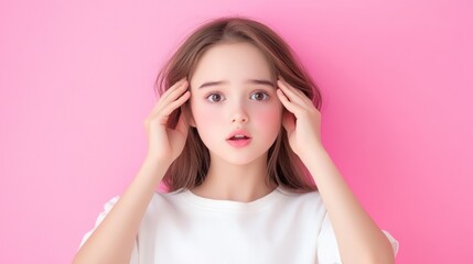 Fototapeta premium Young woman with a surprised expression against a pink background.