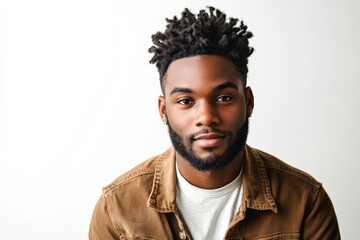Obraz premium Confident Young Man with Stylish Hair and Beard Posing Against a Minimalist Background