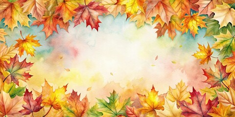 Watercolor of autumn leaves with a background frame , red leaves, autumn, fall, background, frame, watercolor,painting