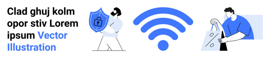 wireless symbol in center, person holding shield with lock on left, person carrying shopping bags on right. Ideal for cybersecurity, online shopping, wireless technology, internet safety, e-commerce