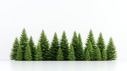 Fototapeta premium A row of green pine trees against a white background.