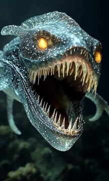 A menacing, bioluminescent underwater creature with sharp teeth and an eerie appearance.