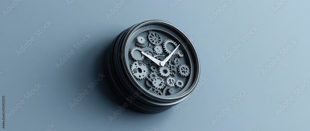 Poster clock with intricate gears showcasing time mechanics.