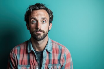 Fototapeta premium Casual Portrait of a Man with a Beard Against a Turquoise Background