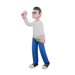 Creative Artwork Design of 3D Cartoon Cameraman Character. A Male Cameraman stands holding a camera in his left hand and the other hand is raised in front of his face. Illustration