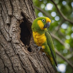 A Yellow-eared Parrot peeking out of a tree cavity.

